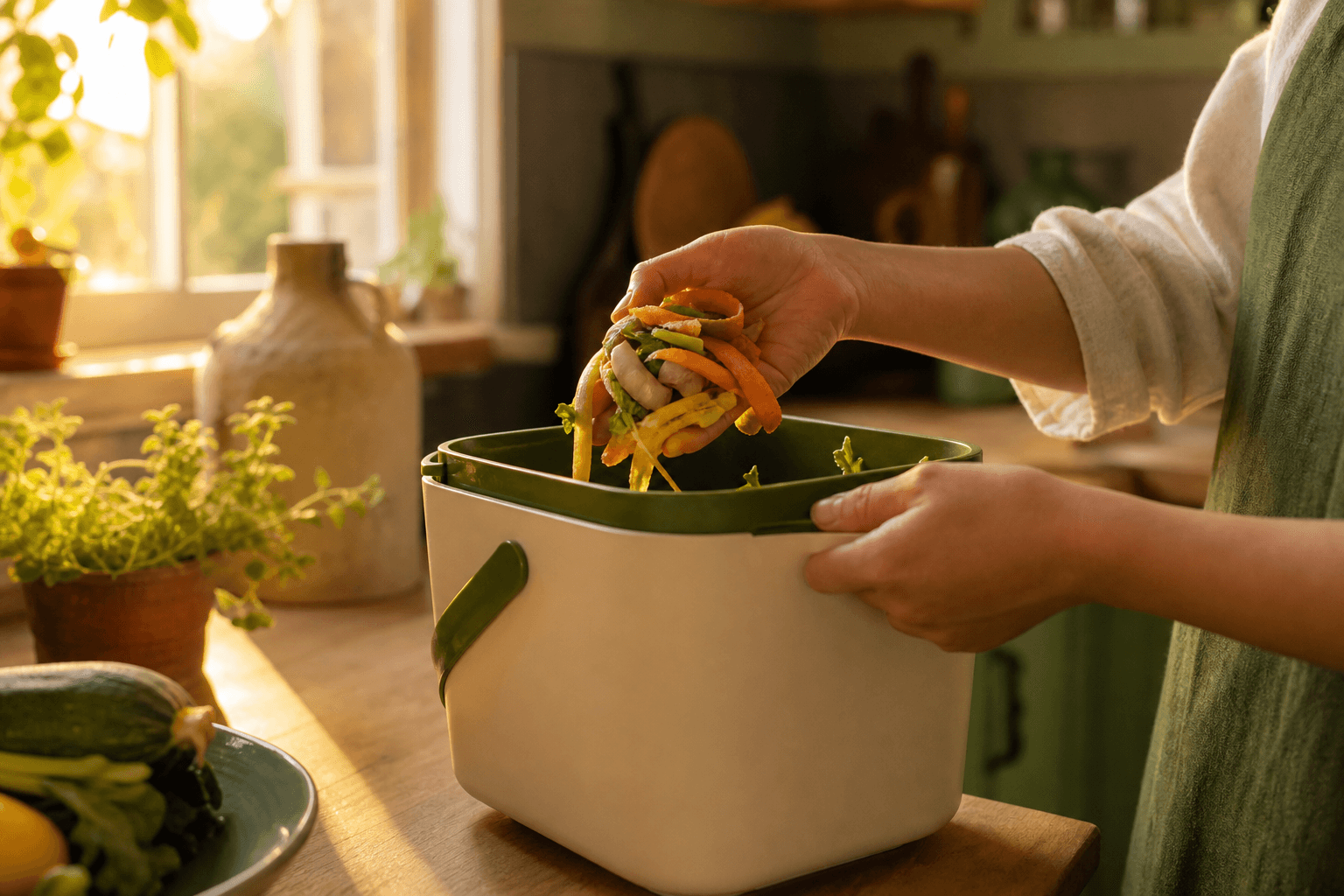 A home-compost caddy in a kitchen