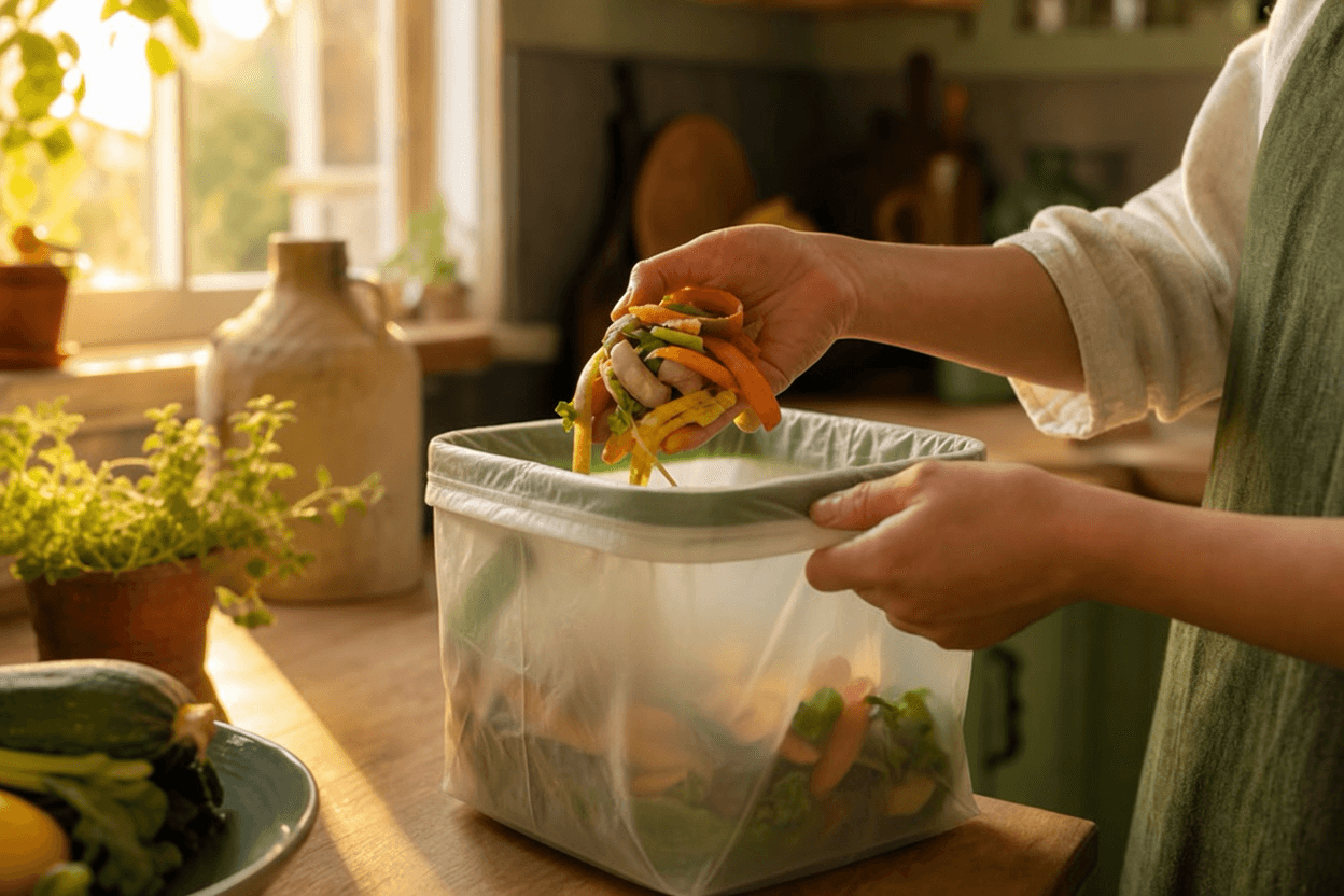 A compostable bag in a home-compost caddy in the kitchen