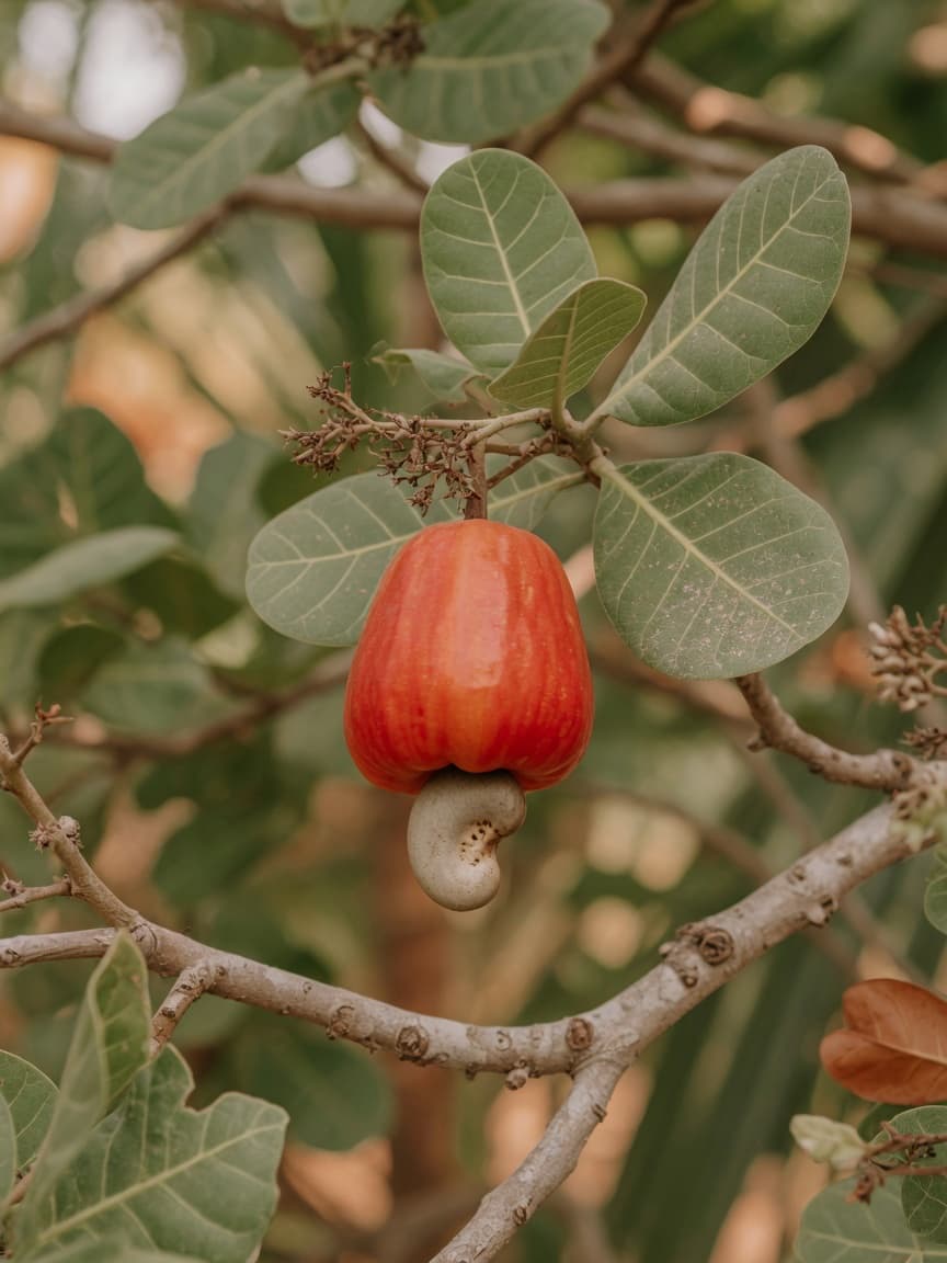 Ripe cashew apple with nut on the tree