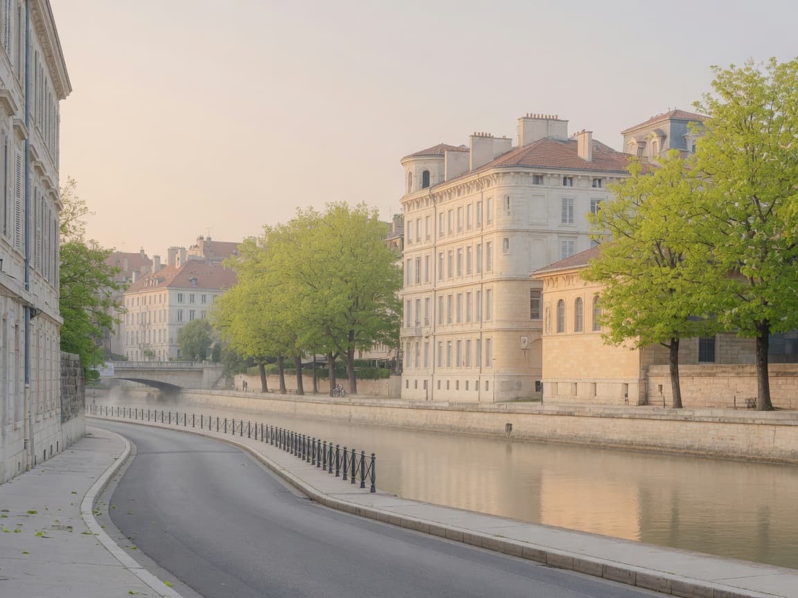 European riverside street in soft morning light